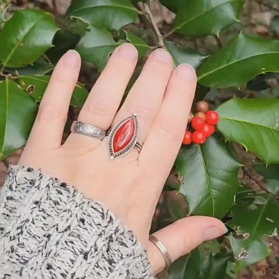 Rosarita Red Silver Ring - handmade, sterling silver, marquise cut, beautiful gift, Size 7.5 USA