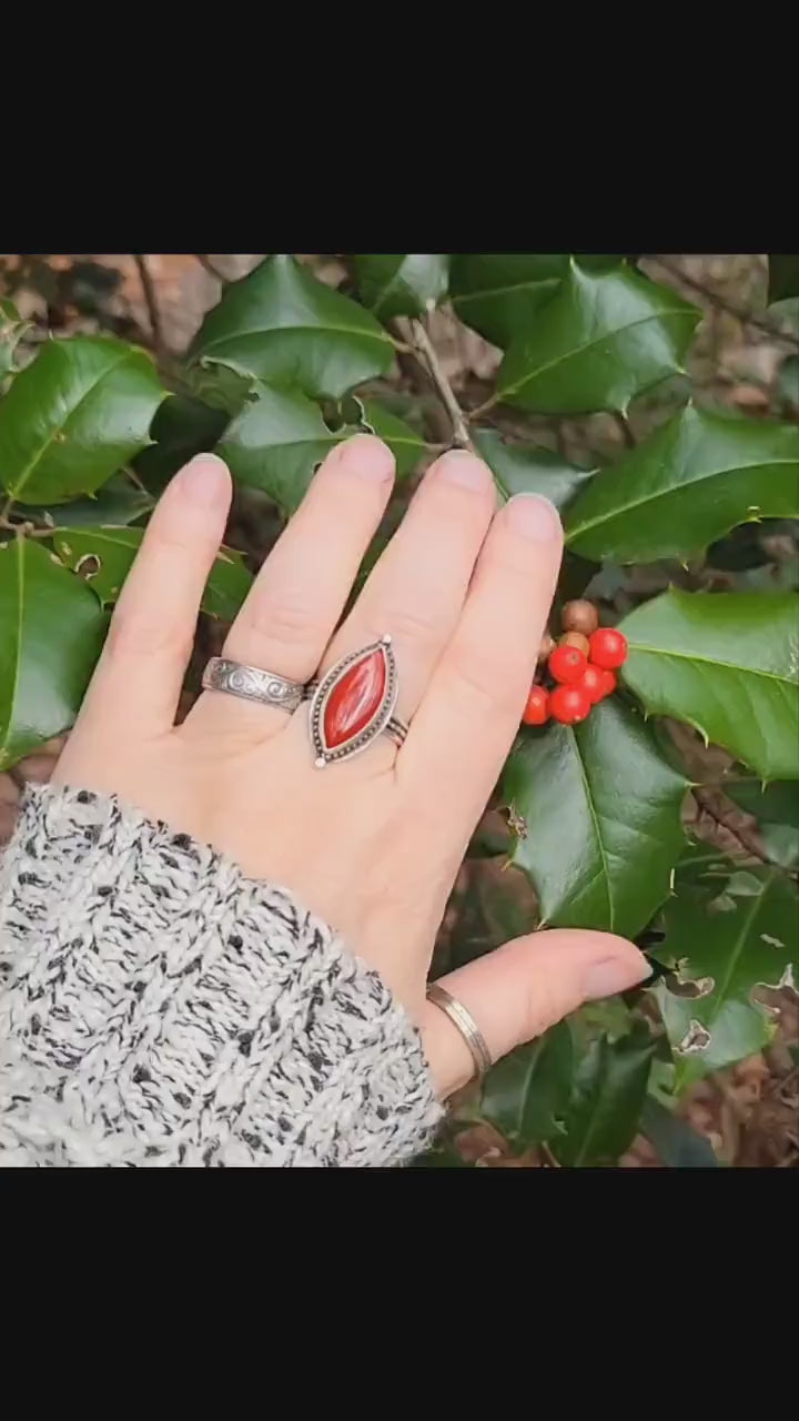 Rosarita Red Silver Ring - handmade, sterling silver, marquise cut, beautiful gift, Size 7.5 USA