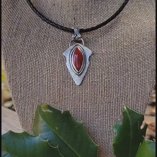 Rosarita Red Arrowhead Pendant Leather Necklace - handmade, sterling silver pendant, open back, black leather, silver clasp, beautiful gift