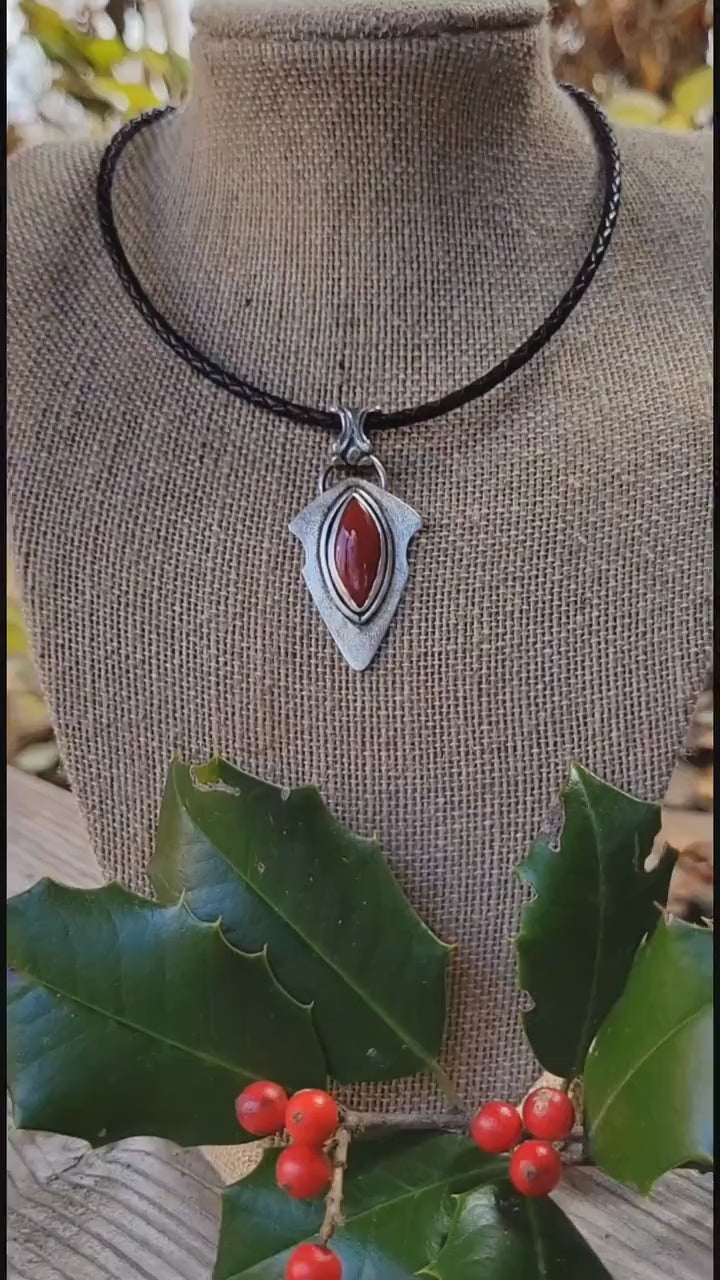 Rosarita Red Arrowhead Pendant Leather Necklace - handmade, sterling silver pendant, open back, black leather, silver clasp, beautiful gift