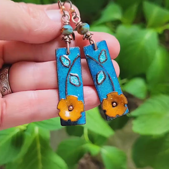 Boho Orange Flower Torch Enamel Earrings - handmade, light blue petals against a deep blue, copper, glass, lightweight, beautiful gift