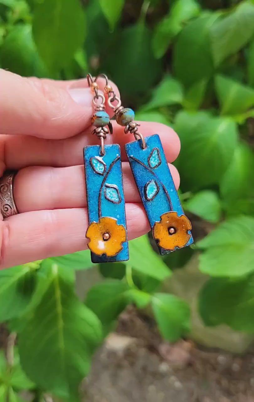 Boho Orange Flower Torch Enamel Earrings - handmade, light blue petals against a deep blue, copper, glass, lightweight, beautiful gift