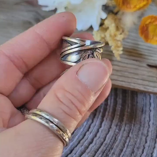 Sterling Silver Sunflower Wrap Ring - handmade, hand crafted, 100% fabricated by hand, unique statement ring, beautiful gift, Size 8.25 USA