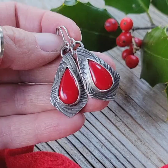 Rosarita Red Silver Earrings - handmade, sterling, open back, pattern, festive, Christmas, holly berry red, extremely light, beautiful gift