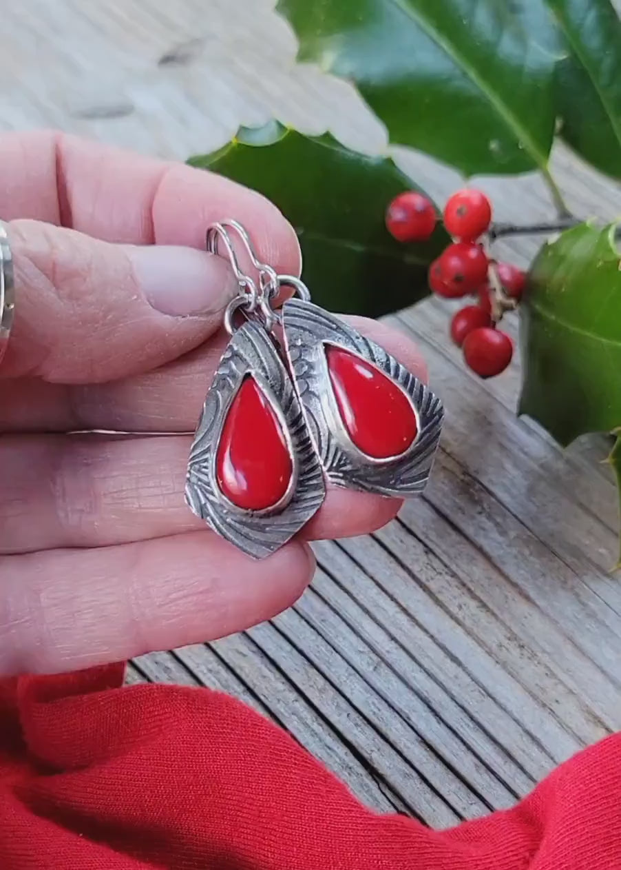 Rosarita Red Silver Earrings - handmade, sterling, open back, pattern, festive, Christmas, holly berry red, extremely light, beautiful gift