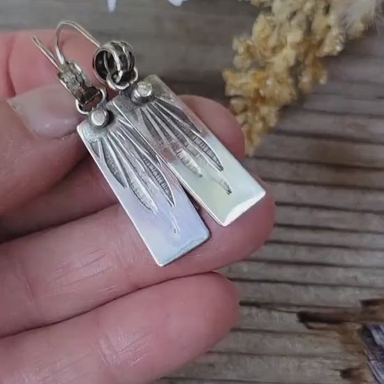 Silver Feather Stamped Earrings - sterling silver, handmade, hand crafted, silver dangles, leaf, palm, extremely lightweight, beautiful gift