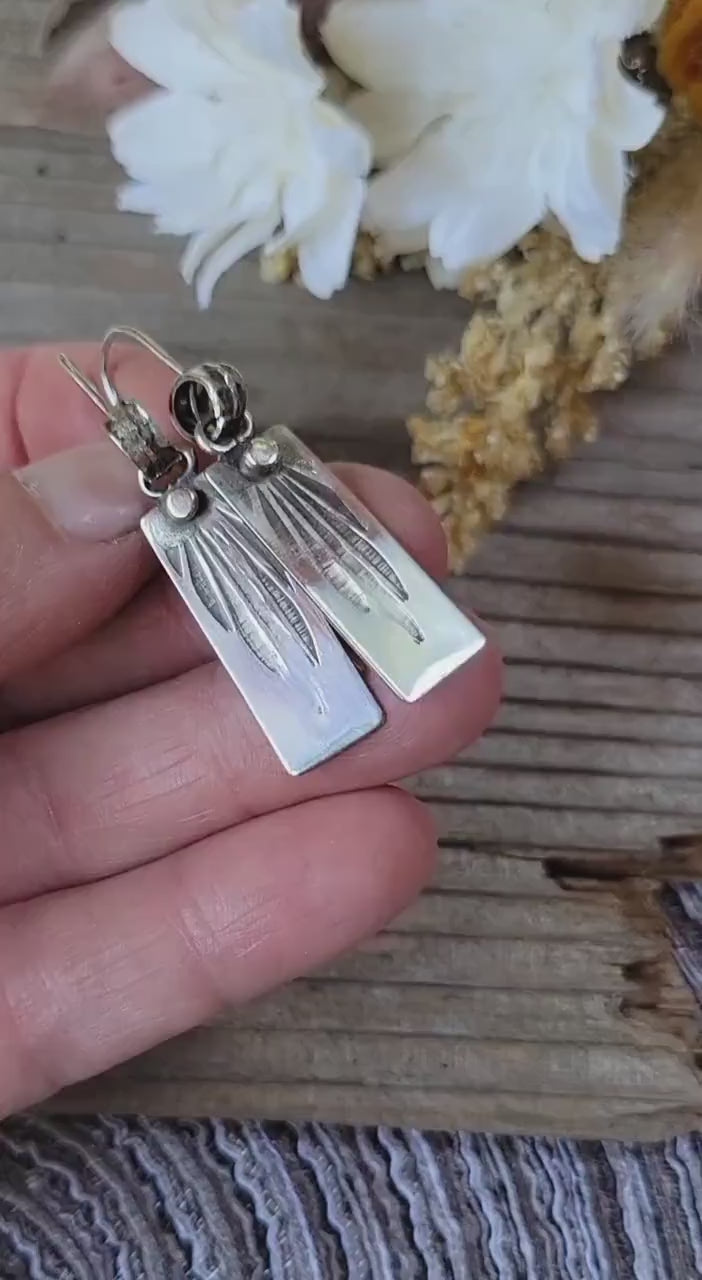 Silver Feather Stamped Earrings - sterling silver, handmade, hand crafted, silver dangles, leaf, palm, extremely lightweight, beautiful gift