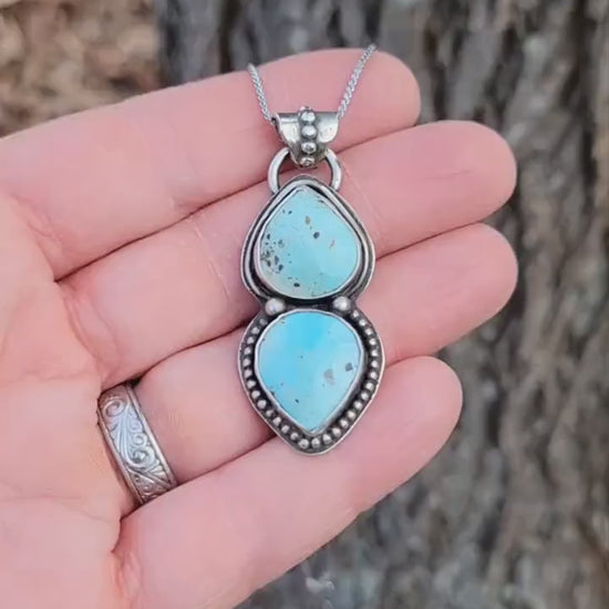 Natural Turquoise Silver Necklace - natural light blue lone mountain turquoise double stone set in sterling silver, handmade, beautiful gift