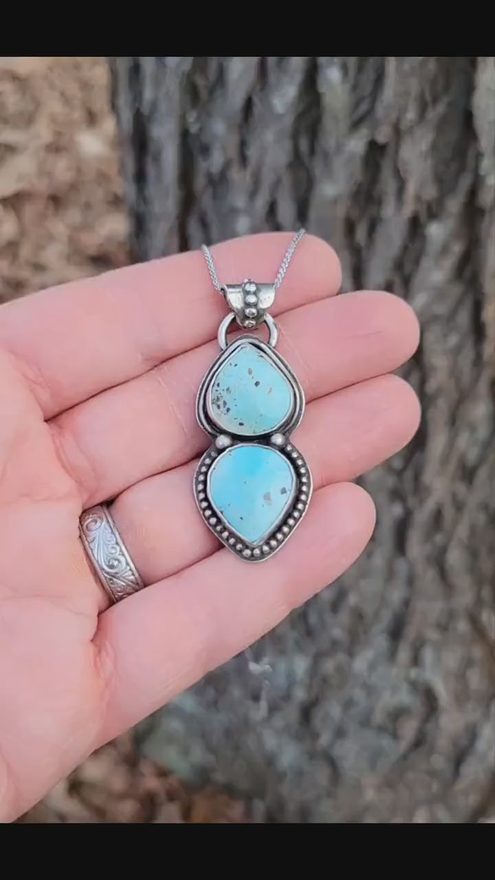 Natural Turquoise Silver Necklace - natural light blue lone mountain turquoise double stone set in sterling silver, handmade, beautiful gift