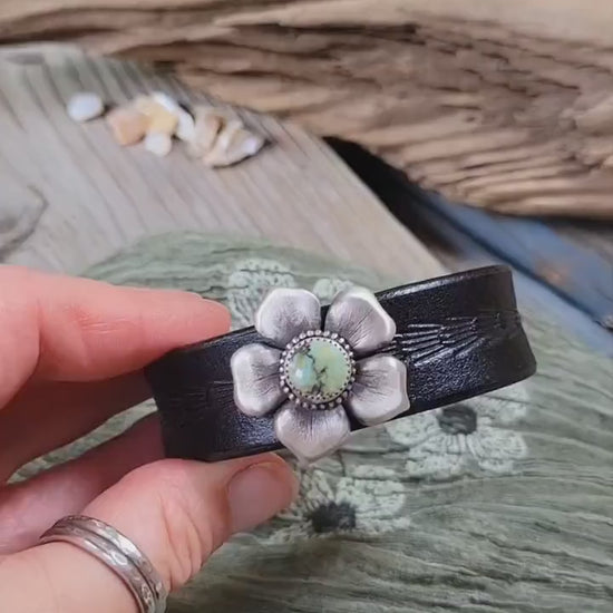 Natural Pilot Mountain Turquoise Leather Bracelet - handmade sterling silver, tooled black leather, blue, green, cuff, snap closure, gift