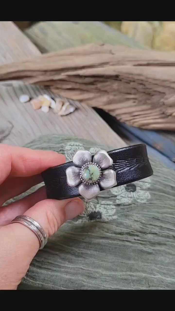 Natural Pilot Mountain Turquoise Leather Bracelet - handmade sterling silver, tooled black leather, blue, green, cuff, snap closure, gift
