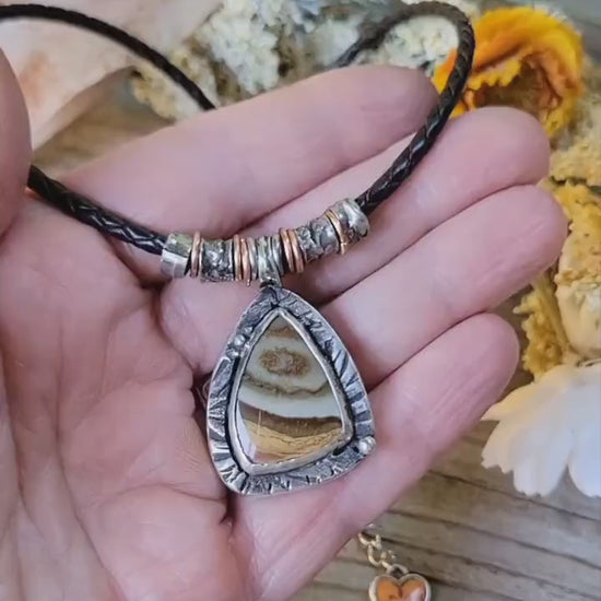 Jasper Necklace - sterling silver, hand crafted, brown leather, natural stone, layered earth tones, handmade, adjustable, beautiful gift
