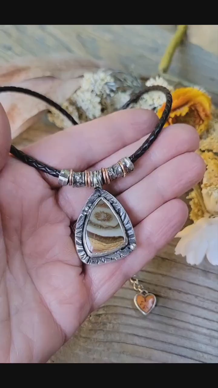 Jasper Necklace - sterling silver, hand crafted, brown leather, natural stone, layered earth tones, handmade, adjustable, beautiful gift