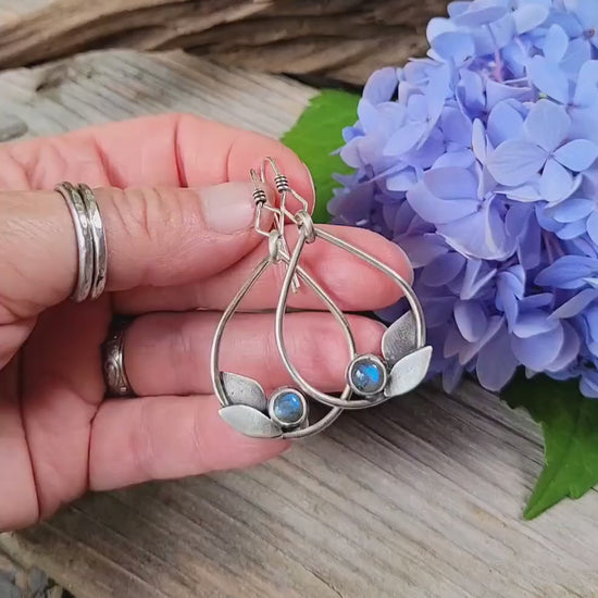 Labradorite Sterling Silver Leaf Earrings - handmade,  hand crafted, teardrop, leaf, leaves, natural gemstone, lightweight, beautiful gift