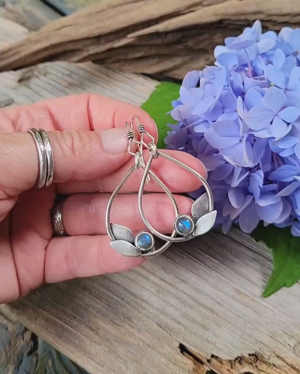 Labradorite Sterling Silver Leaf Earrings - handmade,  hand crafted, teardrop, leaf, leaves, natural gemstone, lightweight, beautiful gift