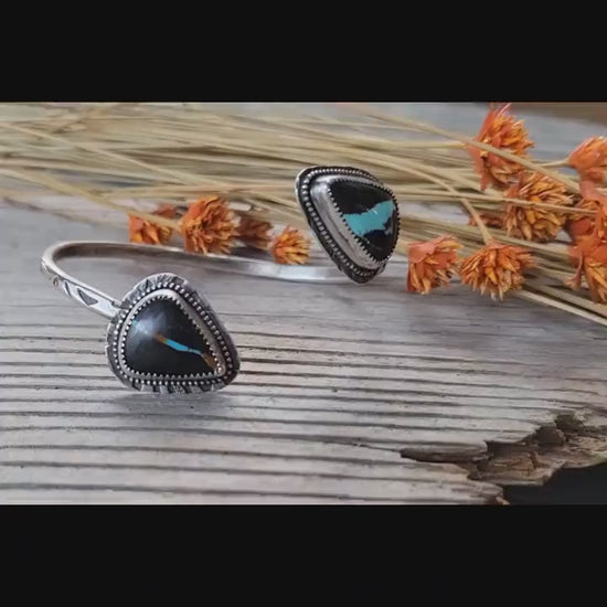 Natural Black Jack Turquoise Open Silver Cuff - handmade, bracelet, sterling, southwestern, blue, black,orange, ribbon, beautiful gift