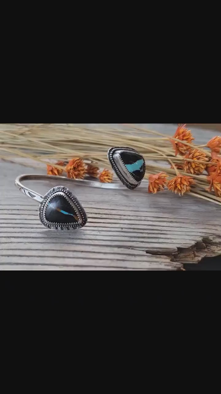 Natural Black Jack Turquoise Open Silver Cuff - handmade, bracelet, sterling, southwestern, blue, black,orange, ribbon, beautiful gift