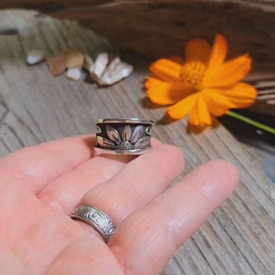 Sterling Silver Sunflower Wrap Ring - handmade, hand crafted, 100% fabricated by hand, unique statement ring, beautiful gift, Size 7.5 USA