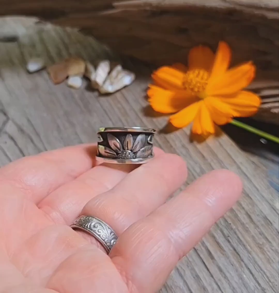 Sterling Silver Sunflower Wrap Ring - handmade, hand crafted, 100% fabricated by hand, unique statement ring, beautiful gift, Size 7.5 USA