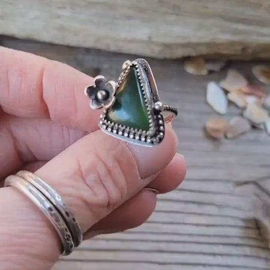 Green Vesuvianite Flower Ring - handmade sterling silver, natural stone, silver flower, pinky ring, Size 4 USA, beautiful gift