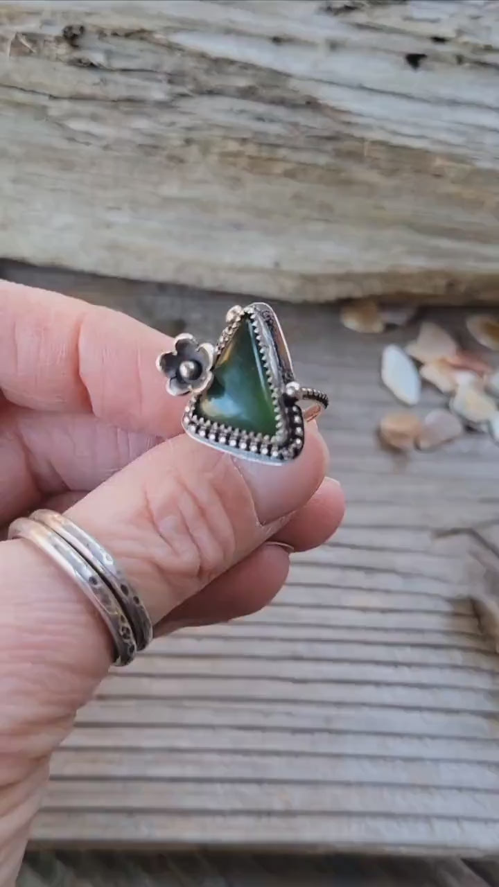 Green Vesuvianite Flower Ring - handmade sterling silver, natural stone, silver flower, pinky ring, Size 4 USA, beautiful gift