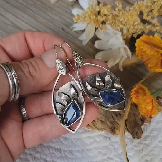 Lapis Lazuli Sterling Silver Sunflower Earrings - handmade, hand crafted, blue, navy blue, petals, sun, natural gemstone, beautiful gift