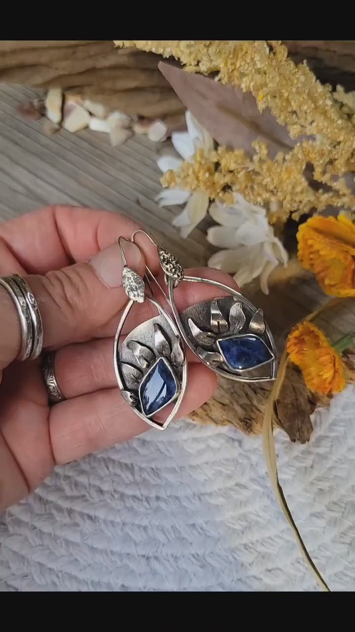 Lapis Lazuli Sterling Silver Sunflower Earrings - handmade, hand crafted, blue, navy blue, petals, sun, natural gemstone, beautiful gift