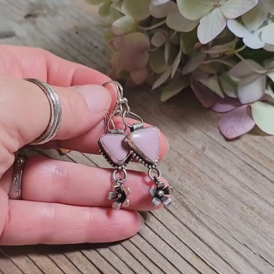 Sterling Silver Dangle Earrings - handmade, natural pink stone, artisan crafted, hinge swing earwires, beautiful gift