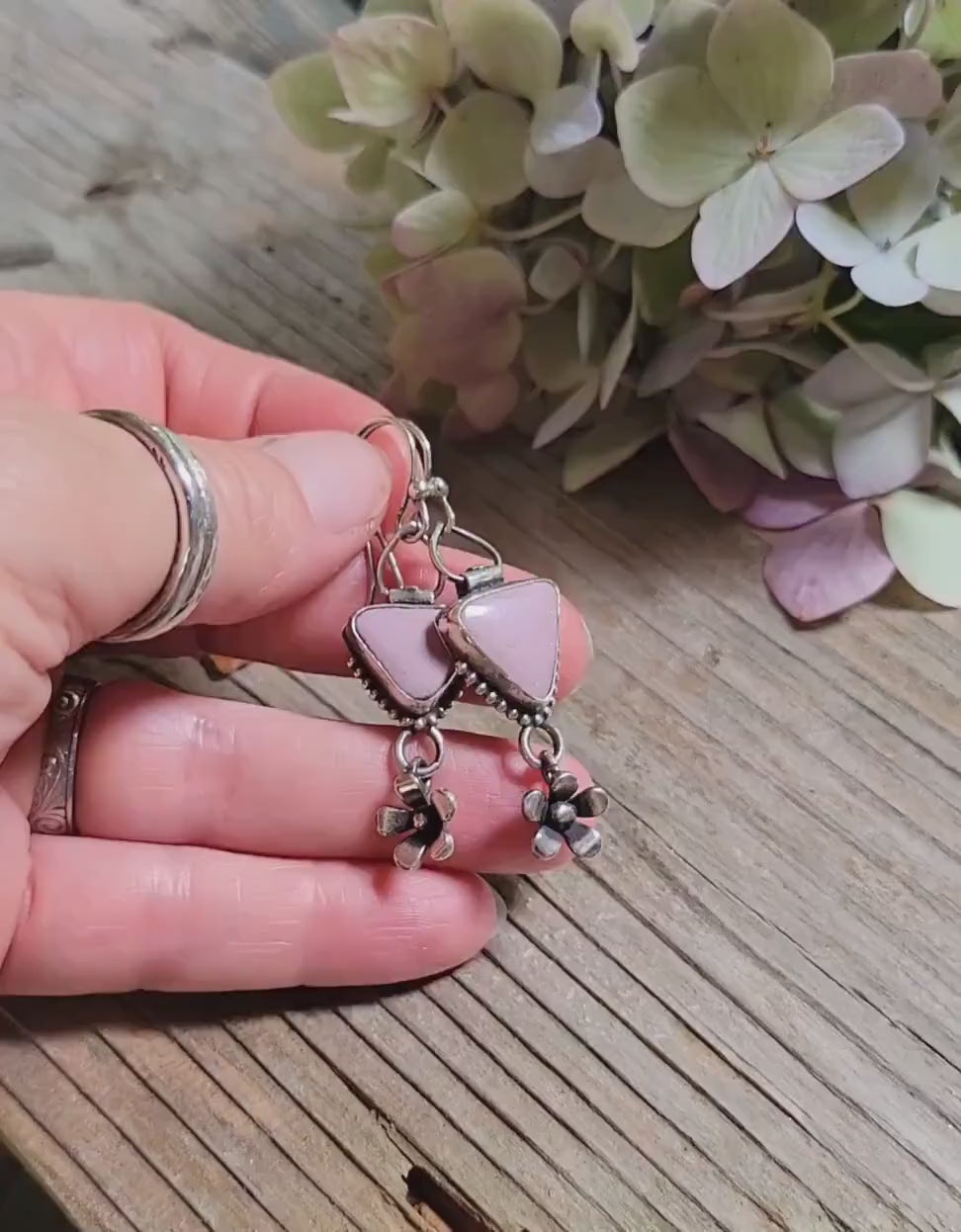 Sterling Silver Dangle Earrings - handmade, natural pink stone, artisan crafted, hinge swing earwires, beautiful gift