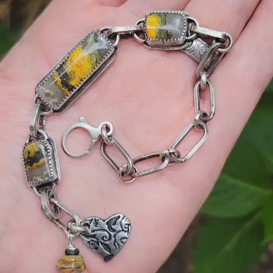 Yellow Bumblebee Jasper Sterling Silver Link Bracelet- handmade, hand crafted, natural stone, brushed matte finish, adjustable, unique, gift