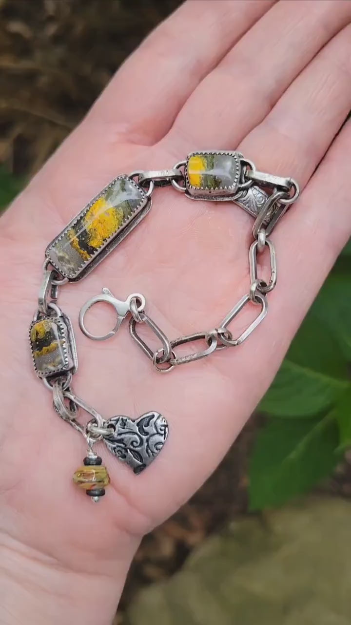 Yellow Bumblebee Jasper Sterling Silver Link Bracelet- handmade, hand crafted, natural stone, brushed matte finish, adjustable, unique, gift