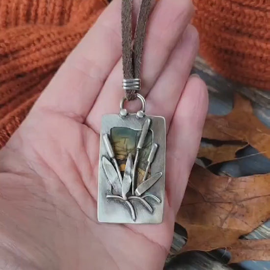 Jasper Necklace - Natural cherry creek stone, silver, reversible pendant, handmade, sunrise,sunset, reeds, landscape, brown leather, gift