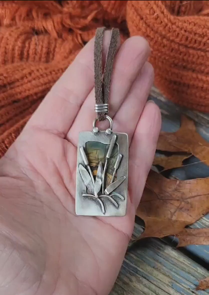 Jasper Necklace - Natural cherry creek stone, silver, reversible pendant, handmade, sunrise,sunset, reeds, landscape, brown leather, gift