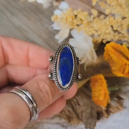 Lapis Lazuli Sterling Silver Ring - handmade, hand crafted, blue, navy blue, oval, natural gemstone, shield, beautiful gift, Size 8 USA