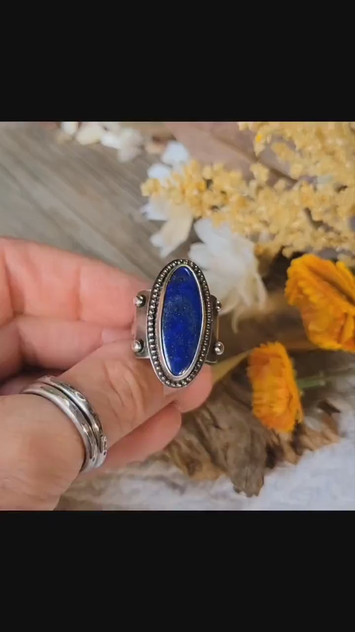 Lapis Lazuli Sterling Silver Ring - handmade, hand crafted, blue, navy blue, oval, natural gemstone, shield, beautiful gift, Size 8 USA
