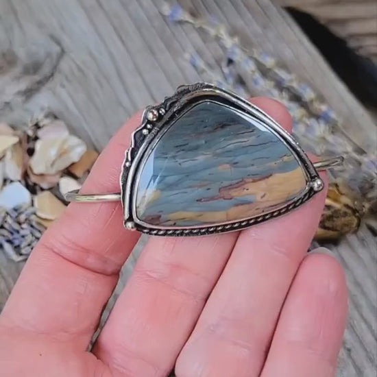 Jasper Cuff - Natural stone, blue, grey, sterling silver cuff, handmade, bracelet, landscape, southwestern, feather, sun