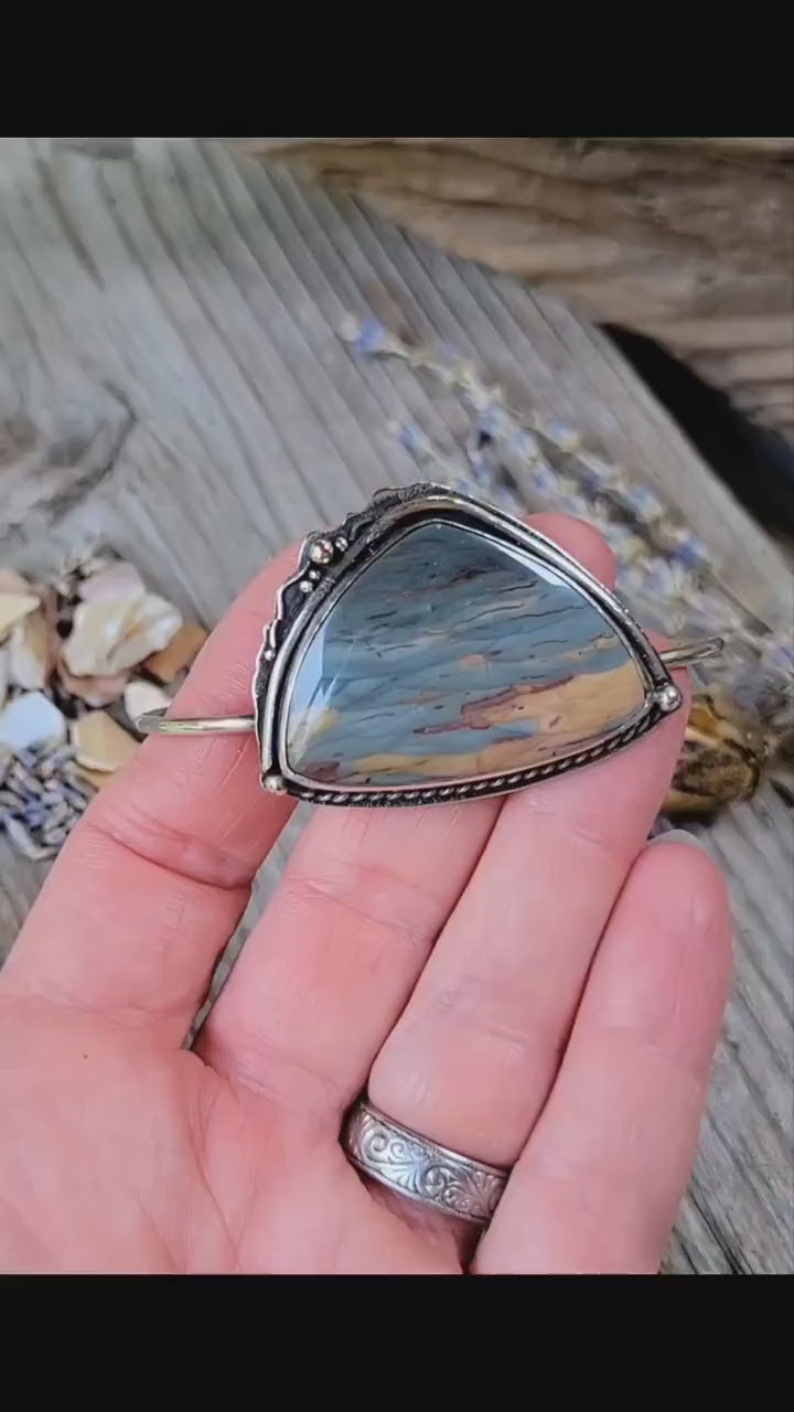 Jasper Cuff - Natural stone, blue, grey, sterling silver cuff, handmade, bracelet, landscape, southwestern, feather, sun