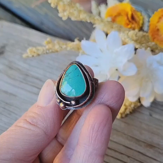 Green Hubei Turquoise Copper Ring - handmade, antiqued hammered copper, rugged, solid, beautiful gift, Size 7.5 USA