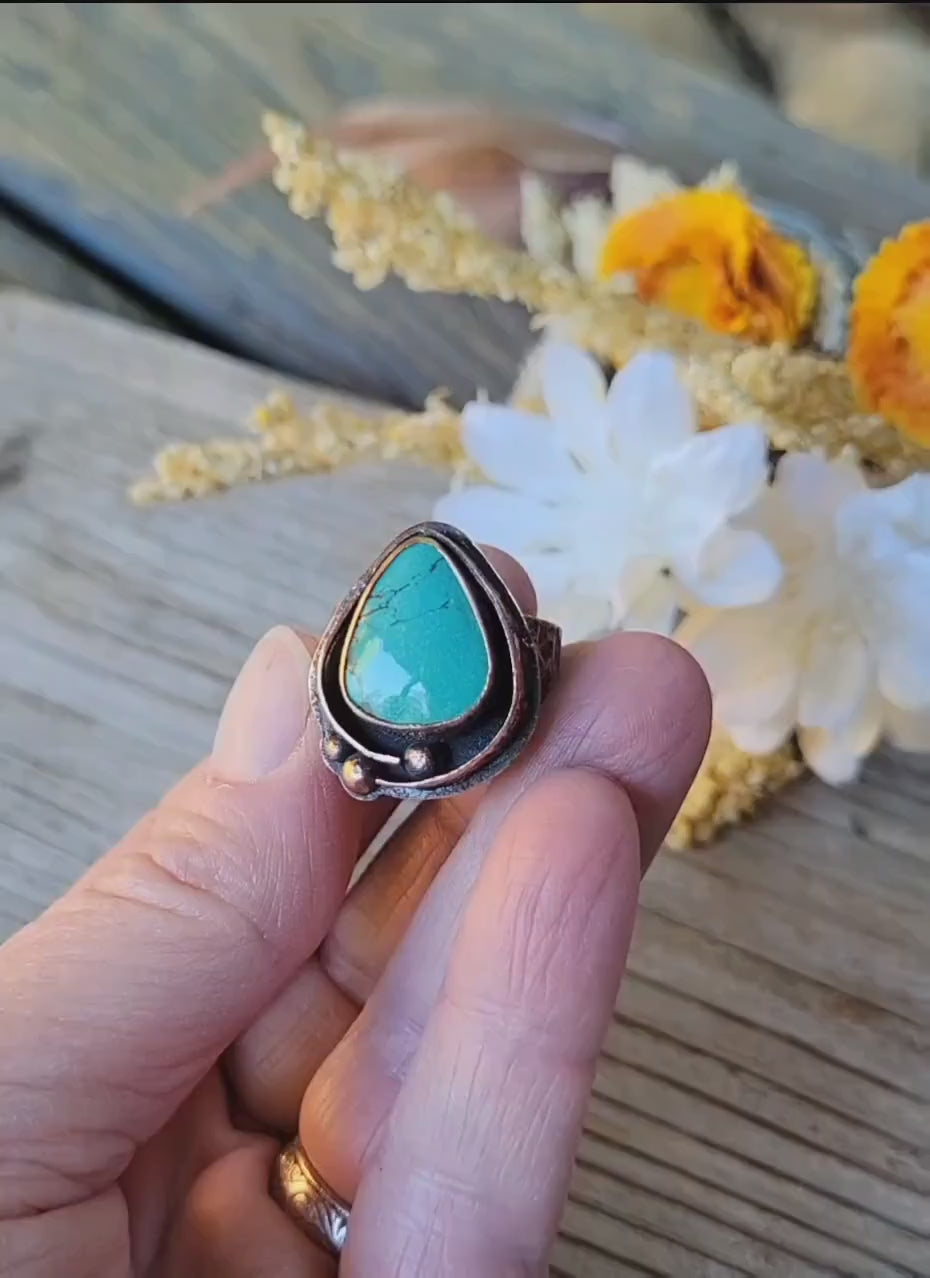 Green Hubei Turquoise Copper Ring - handmade, antiqued hammered copper, rugged, solid, beautiful gift, Size 7.5 USA