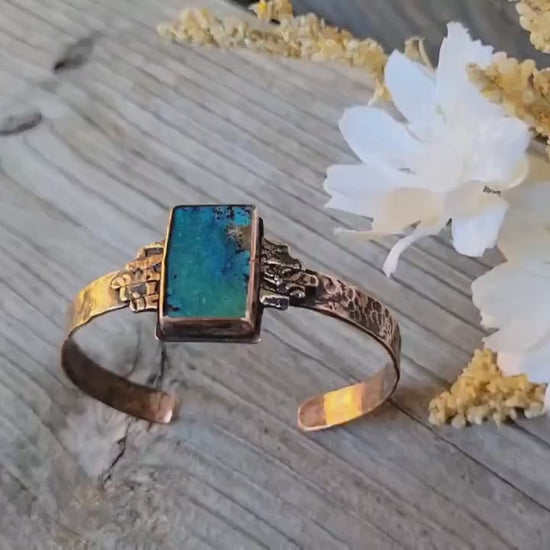 Turquoise Copper Cuff - handmade, green and blue hubei turquoise stone, antiqued hammered copper, rugged, solid, beautiful gift