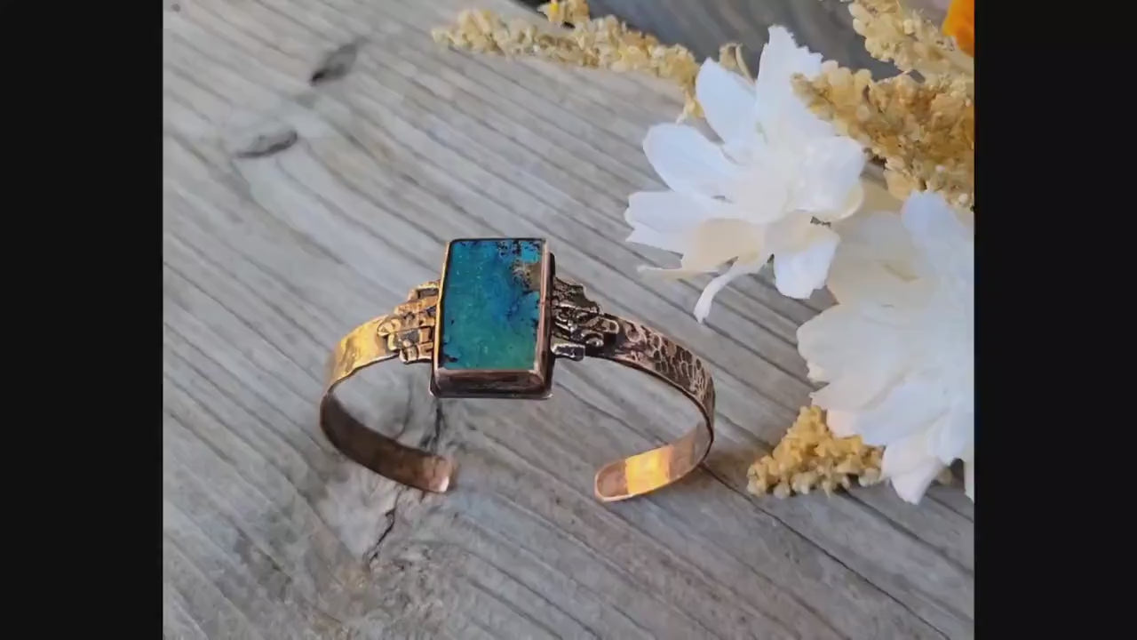 Turquoise Copper Cuff - handmade, green and blue hubei turquoise stone, antiqued hammered copper, rugged, solid, beautiful gift