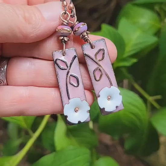 Pink & White  Flower Torch Enamel Earrings - handmade, dark pink petals, copper, artisan lampwork glass beads, lightweight, beautiful gift