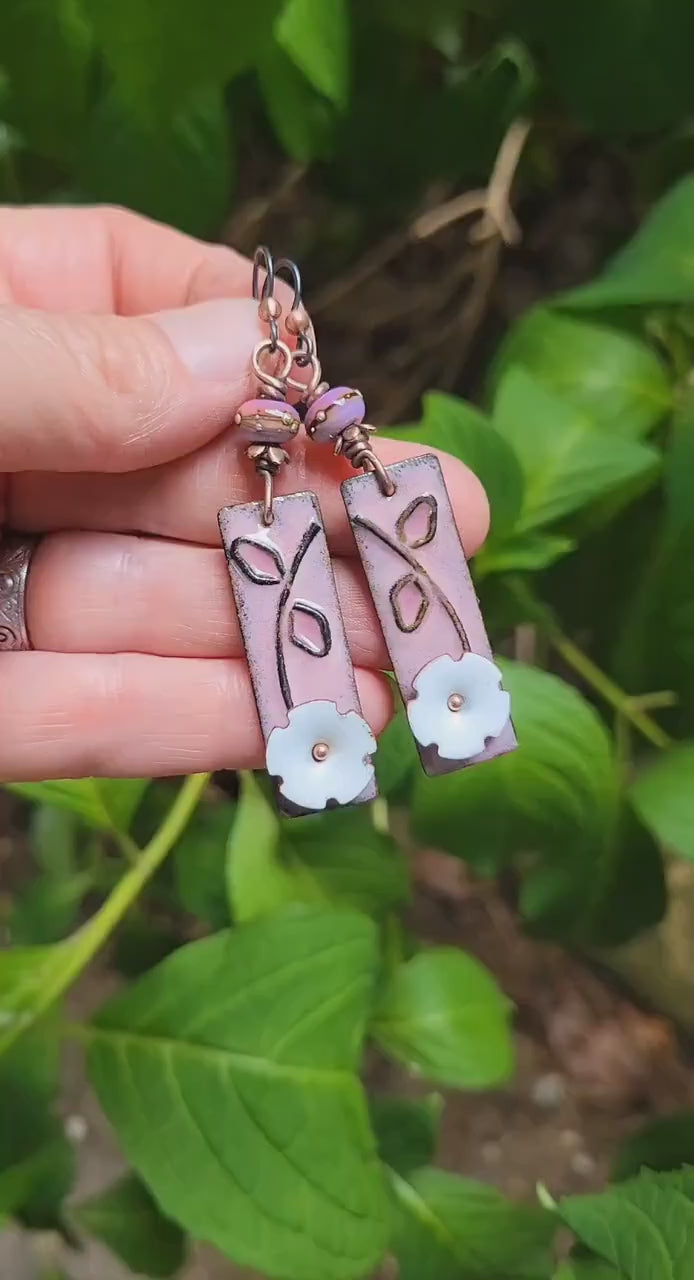 Pink & White  Flower Torch Enamel Earrings - handmade, dark pink petals, copper, artisan lampwork glass beads, lightweight, beautiful gift