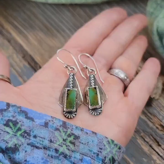 Green Turquoise Handmade Dangle Earrings - sterling silver, pattern back, modern, edgy, dotted, hubei quingu, lightweight, beautiful gift