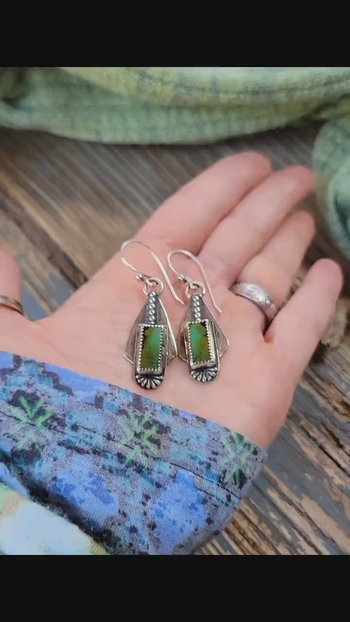 Green Turquoise Handmade Dangle Earrings - sterling silver, pattern back, modern, edgy, dotted, hubei quingu, lightweight, beautiful gift