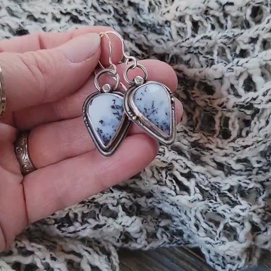 Dendritic Agate Sterling Silver Earrings - handmade, scenic stones, snow, winter, gray, white, modern, dangle, drop, light, beautiful gift