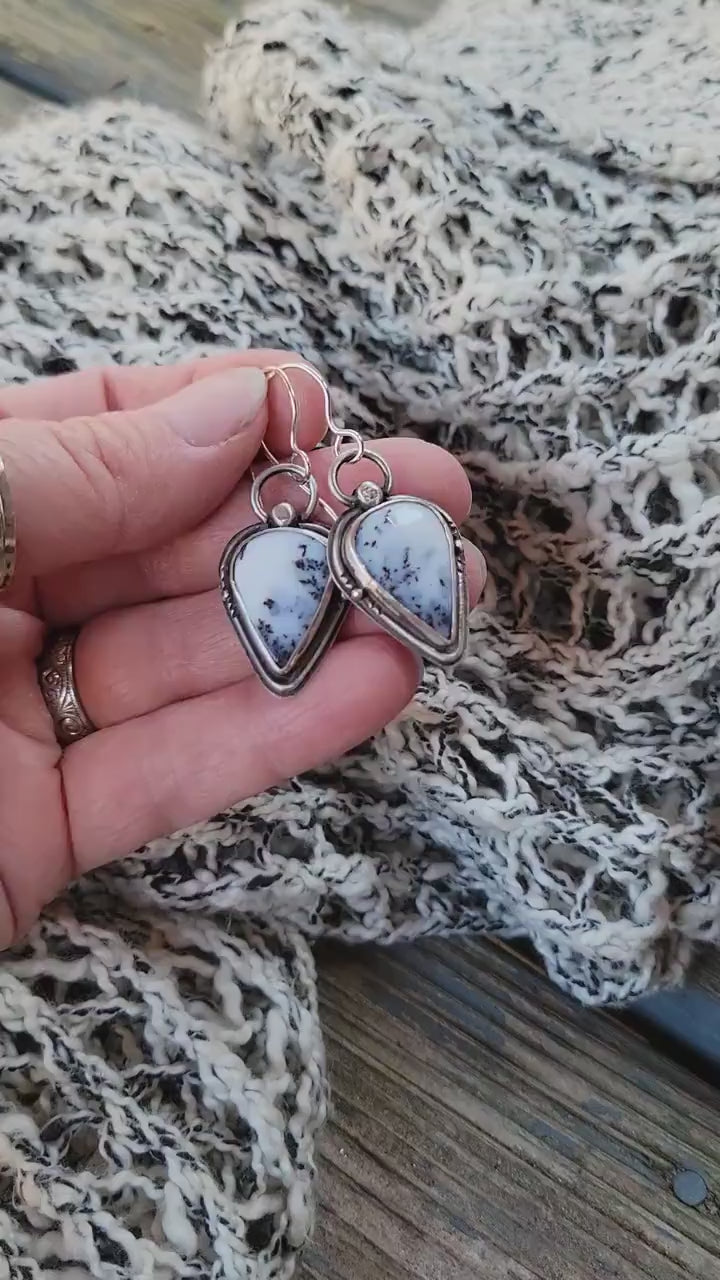 Dendritic Agate Sterling Silver Earrings - handmade, scenic stones, snow, winter, gray, white, modern, dangle, drop, light, beautiful gift