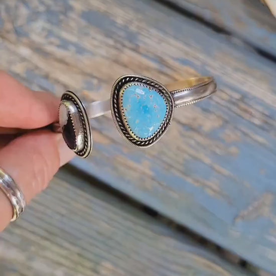 White Buffalo Golden Hills Turquoise Cuff - sterling silver, hand crafted, open cuff, bracelet, bangle, blue, black white, beautiful gift