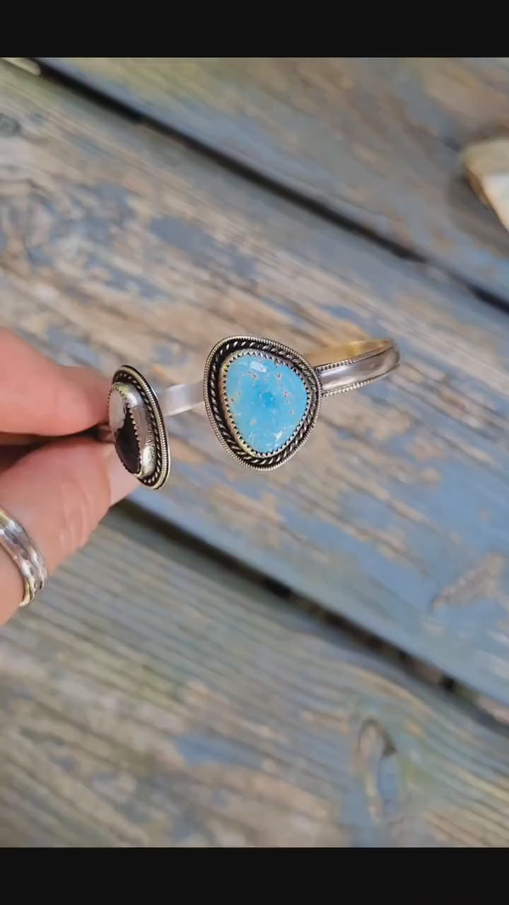 White Buffalo Golden Hills Turquoise Cuff - sterling silver, hand crafted, open cuff, bracelet, bangle, blue, black white, beautiful gift