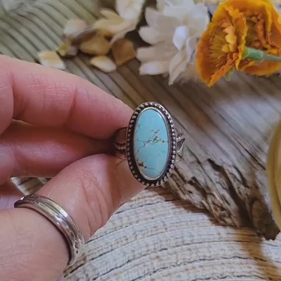 Turquoise Ring - sterling silver, blue, Golden Hills, handmade, 100% fabricated by hand, vine ring shank, leaves, beautiful gift, Size 7 USA